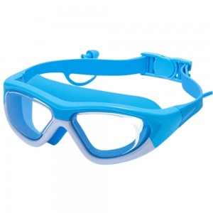 Ochelari de înot pentru copii, sistem integrat dopuri urechi - câmp vizual extins, culori vesele, curea reglabilă din silicon, albastru - alb