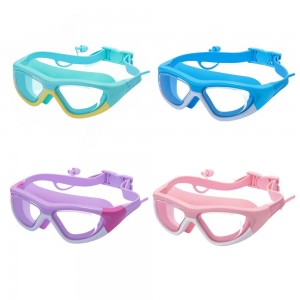 Ochelari de înot pentru copii, sistem integrat dopuri urechi - câmp vizual extins, culori vesele, curea reglabilă din silicon, albastru - alb