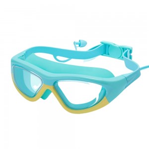 Ochelari de înot pentru copii, sistem integrat dopuri urechi - câmp vizual extins, culori vesele, curea reglabilă din silicon, albastru - galben 