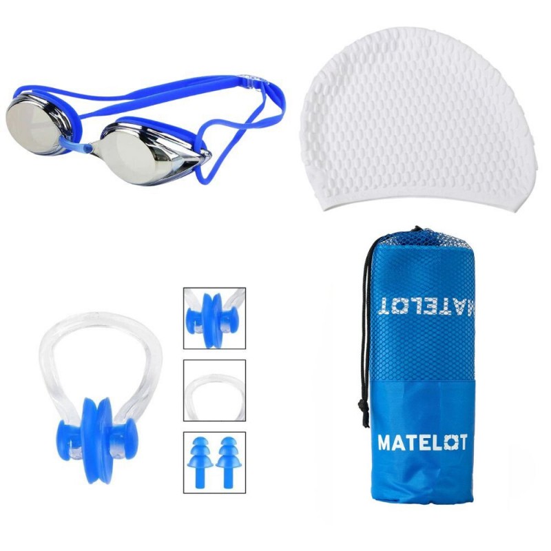 Set complet accesorii pentru înot adulți, MATELOT, ochelari de înot, cască silicon, set dopuri urechi, prosop microfibră 80 x 150 cm, ajustabil, mărime universală, albastru marin