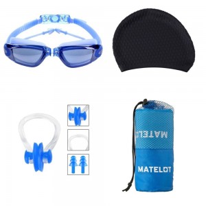 Set complet accesorii pentru înot adulți, MATELOT, ochelari de înot, cască silicon, set dopuri urechi, prosop microfibră 80 x 150 cm, ajustabil, mărime universală, albastru negru Set complet accesorii pentru înot adulți, MATELOT, ochelari de înot, cască silicon, set dopuri urechi, prosop microfibră 80 x 150 cm, ajustabil, mărime universală, albastru negru