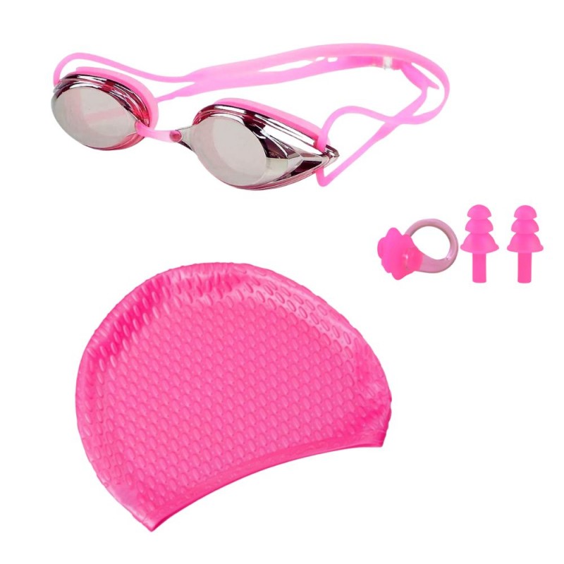 Set accesorii pentru înot, ochelari de înot, cască silicon, set dopuri urechi, reutilizabil, ajustabil, mărime universală, roz