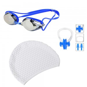Set accesorii pentru înot, ochelari de înot, cască silicon, set dopuri urechi, reutilizabil, ajustabil, mărime universală, alb albastru  Set accesorii pentru înot, ochelari de înot, cască silicon, set dopuri urechi, reutilizabil, ajustabil, mărime universală, alb albastru