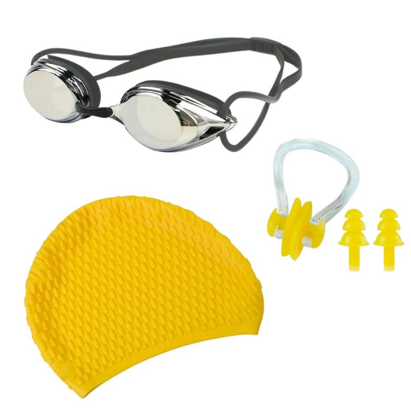 Set accesorii pentru înot, ochelari de înot, cască silicon, set dopuri urechi, reutilizabil, ajustabil, mărime universală, galben negru