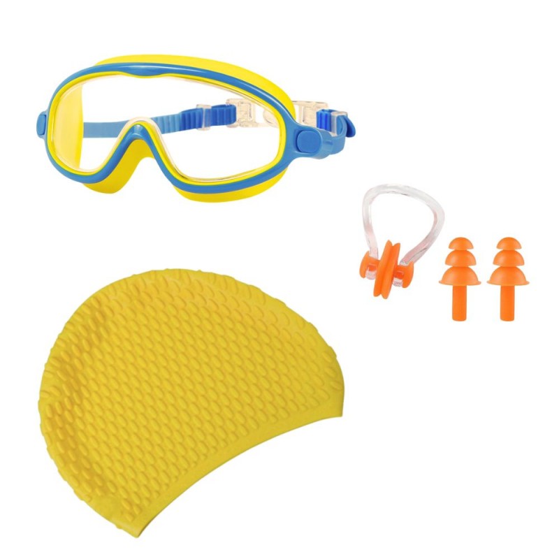 Set accesorii pentru înot, ochelari de înot, cască silicon, set dopuri urechi, reutilizabil, ajustabil, mărime universală, galben albastru