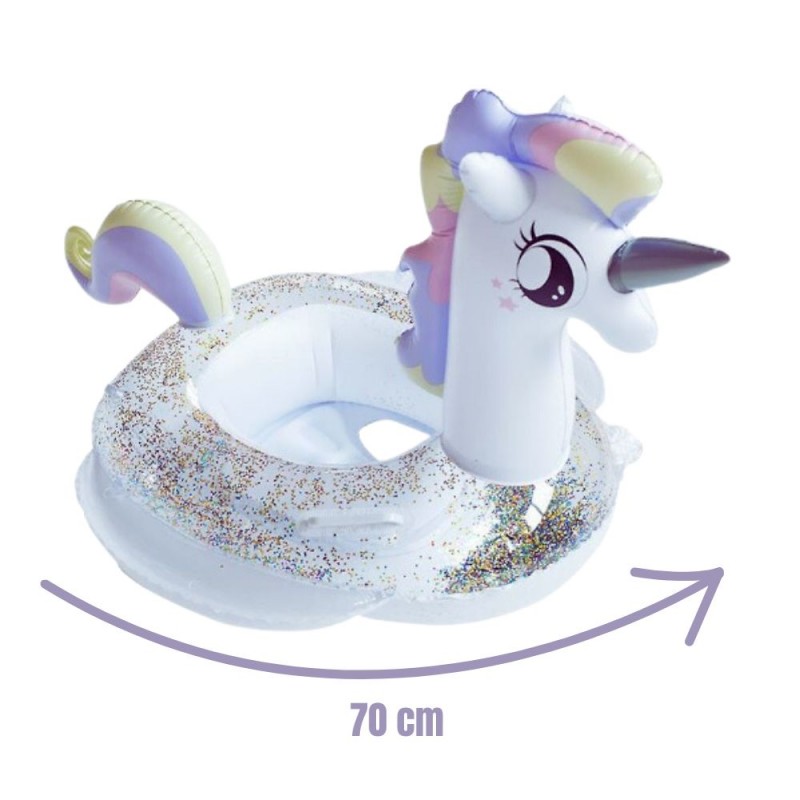 Colac de înot recreativ - model transparent unicorn cu sclipici, rezistent la UV și apă sărată, distracție și relaxare în piscină sau mare, 70 cm