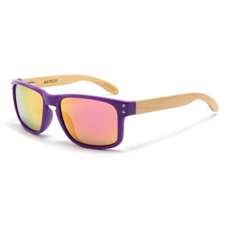 Ochelarii de soare MATELOT model PURPLE EDITION, cu lentile polarizate UV 400 și brațe din lemn de bambus, toc de ochelari pliabil, săculeț protecție din microfibră si cârpă pentru întreținere.