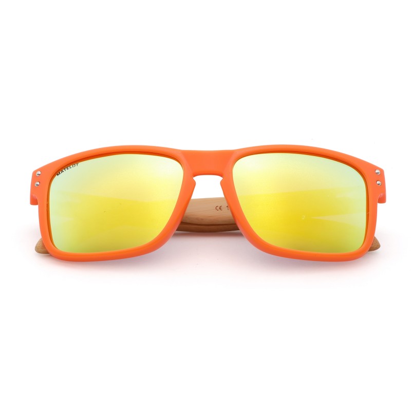Ochelarii de soare MATELOT model ORANGE EDITION, cu lentile polarizate UV 400 și brațe din lemn de bambus, toc de ochelari pliabil, săculeț protecție din microfibră si cârpă pentru întreținere.