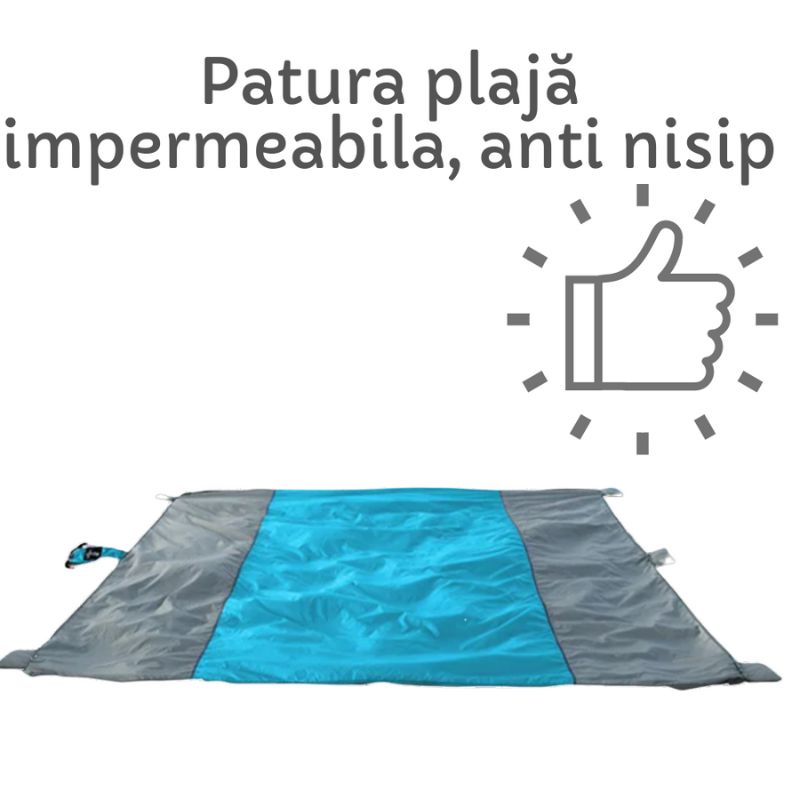 Pătură pentru plajă, impermeabilă, anti nisip și multifunctională, ideală pentru familie, albastru-gri 280 x 300 cm