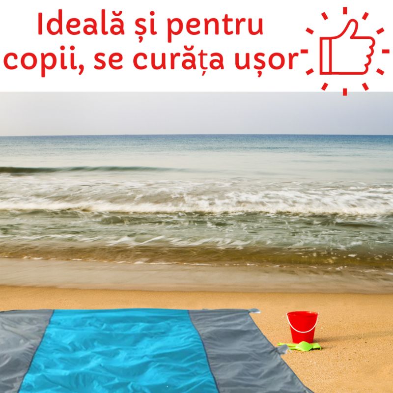 Pătură pentru plajă, impermeabilă, anti nisip și multifunctională, ideală pentru familie, albastru-gri 280 x 300 cm