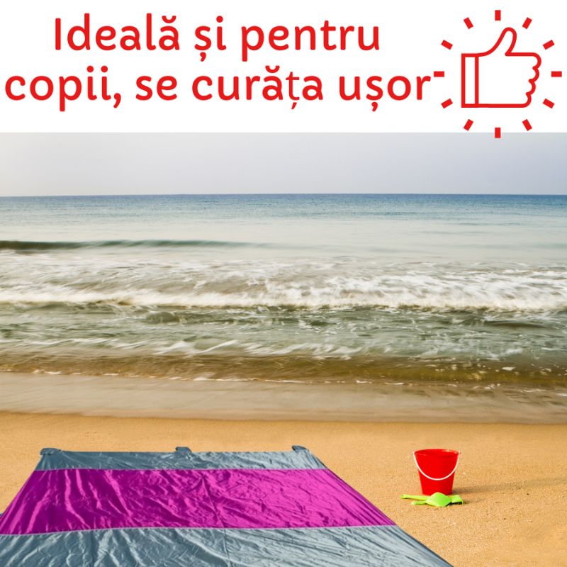 Pătură pentru plajă, impermeabilă, anti nisip și multifunctională, ideală pentru familie, mov-gri 280 x 300 cm