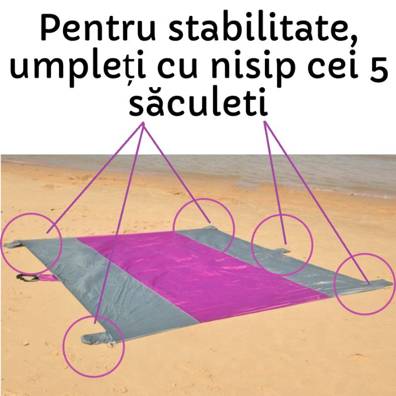 Pătură pentru plajă, impermeabilă, anti nisip și multifunctională, ideală pentru familie, mov-gri 280 x 300 cm