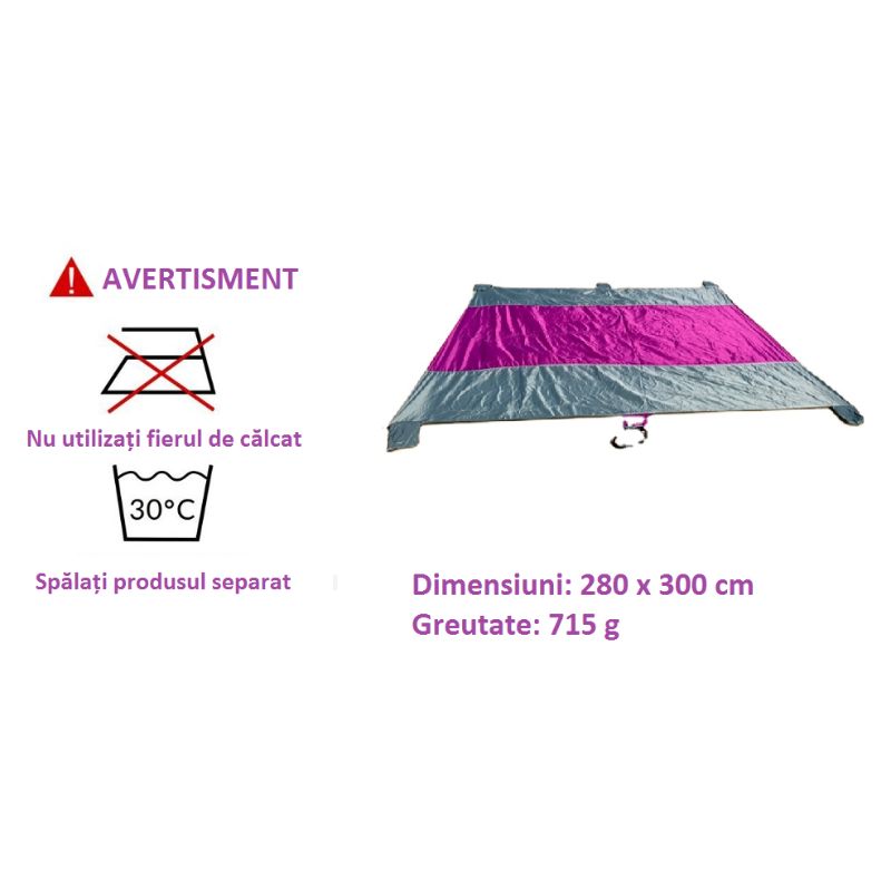 Pătură pentru plajă, impermeabilă, anti nisip și multifunctională, ideală pentru familie, mov-gri 280 x 300 cm